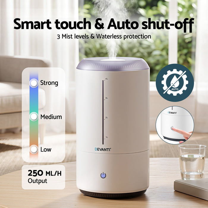 Devanti Ultrasonic Humidifier Aroma Diffuser Top Fill Quiet Bedroom 4L White - Devanti