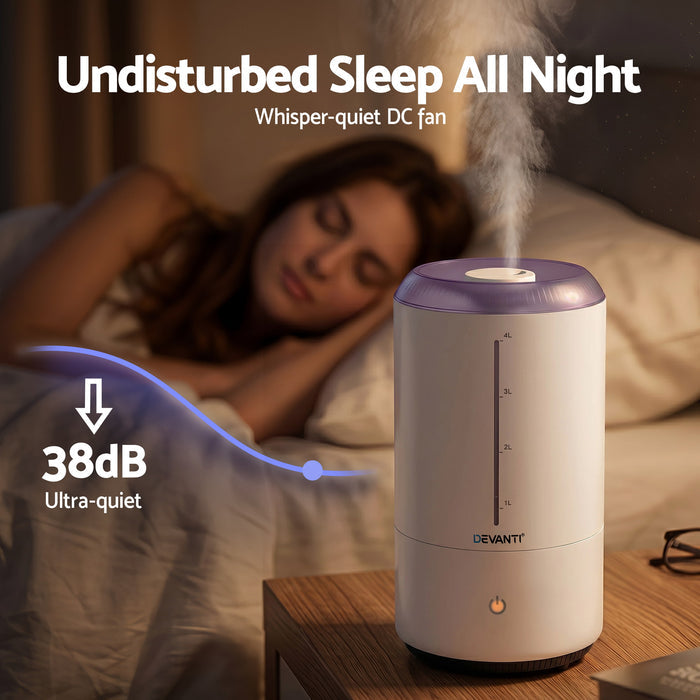 Devanti Ultrasonic Humidifier Aroma Diffuser Top Fill Quiet Bedroom 4L White - Devanti