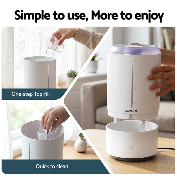 Devanti Ultrasonic Humidifier Aroma Diffuser Top Fill Quiet Bedroom 4L White - Devanti