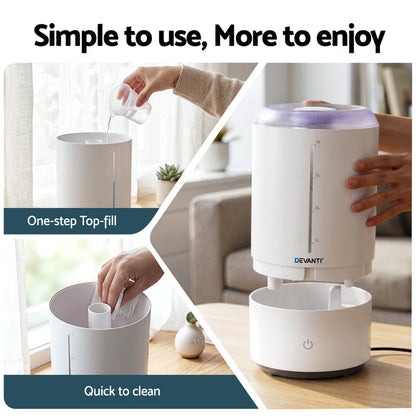 Devanti Ultrasonic Humidifier Aroma Diffuser Top Fill Quiet Bedroom 4L White - Devanti