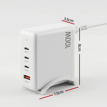 Devanti USB C Charger 100W Fast Charger 4 Port GaN Desktop Station White