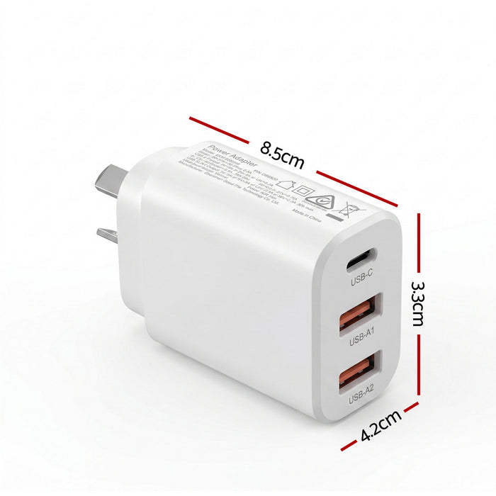 Devanti USB C Charger 30W Fast Charger 3 Port PD Charging Block White