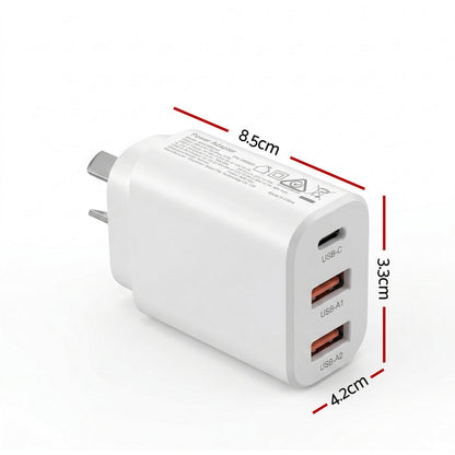 Devanti USB C Charger 30W Fast Charger 3 Port PD Charging Block White