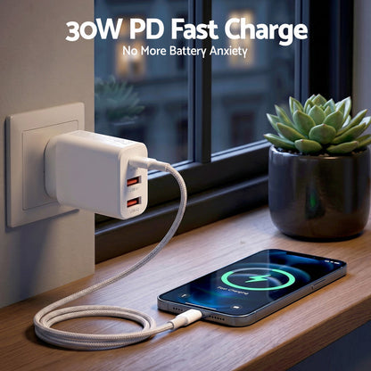 Devanti USB C Charger 30W Fast Charger 3 Port PD Charging Block White