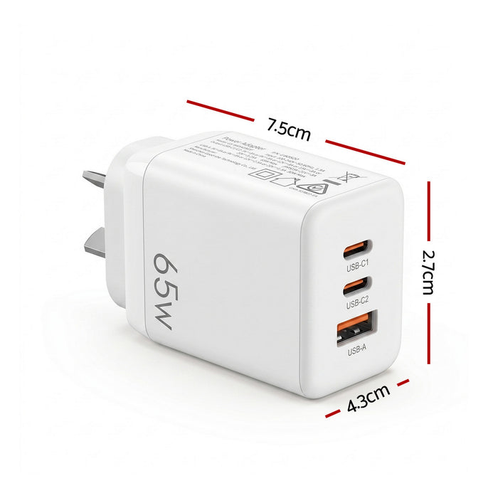 Devanti USB C Charger 65W Fast Charger 3 Port PD Wall Adapter White