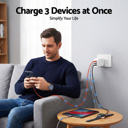 Devanti USB C Charger 65W Fast Charger 3 Port PD Wall Adapter White