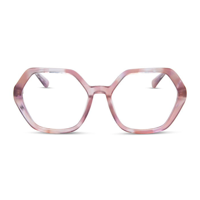 diff eyewear featuring the dixie hexagon prescription glasses with a fleur pink tortoise frame front view
