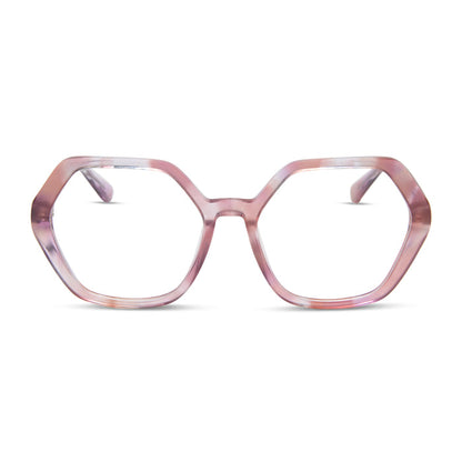 diff eyewear featuring the dixie hexagon prescription glasses with a fleur pink tortoise frame front view