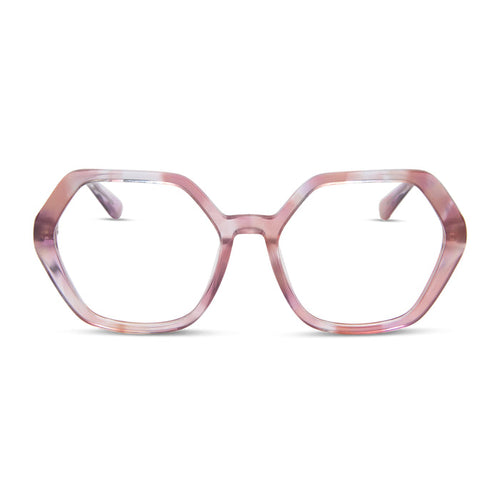 diff eyewear featuring the dixie hexagon prescription glasses with a fleur pink tortoise frame front view