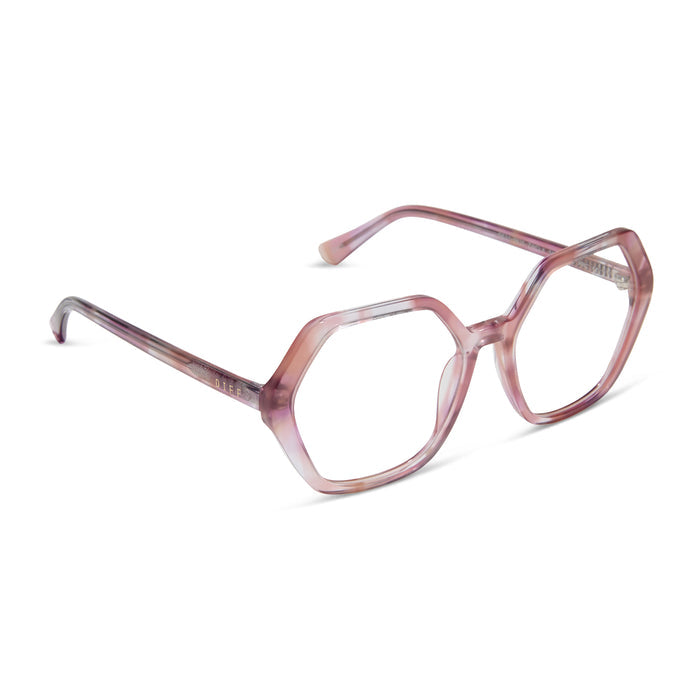 diff eyewear featuring the dixie hexagon prescription glasses with a fleur pink tortoise frame angled view