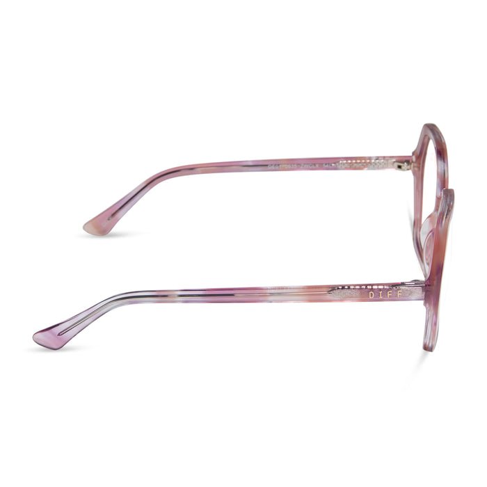diff eyewear featuring the dixie hexagon prescription glasses with a fleur pink tortoise frame side view