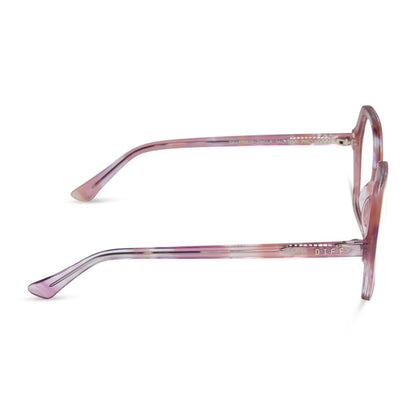 diff eyewear featuring the dixie hexagon prescription glasses with a fleur pink tortoise frame side view