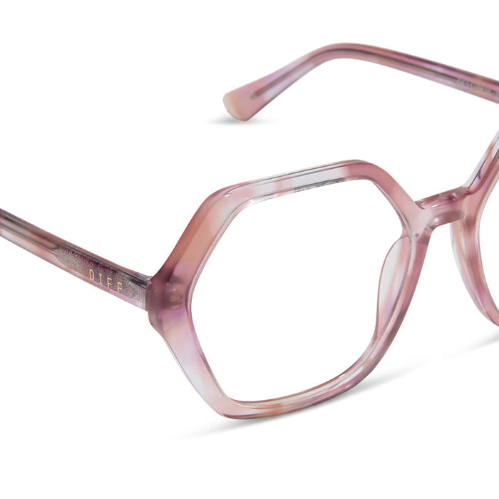 diff eyewear featuring the dixie hexagon prescription glasses with a fleur pink tortoise frame detailed view