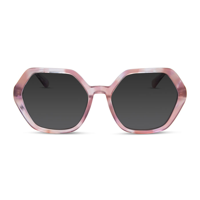 diff eyewear featuring the dixie hexagon prescription sunglasses with a fleur pink tortoise frame front view