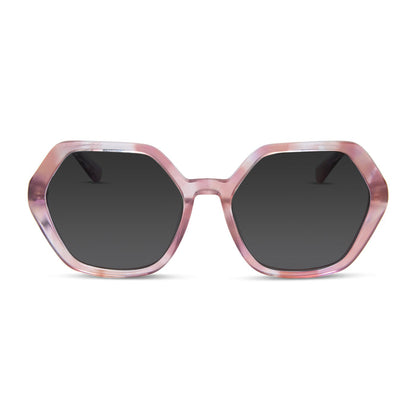 diff eyewear featuring the dixie hexagon prescription sunglasses with a fleur pink tortoise frame front view