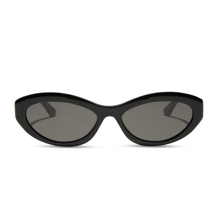 jessie james decker x diff eyewear featuring the dolce bella oval sunglasses with a black frame and grey lenses front view