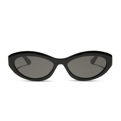 jessie james decker x diff eyewear featuring the dolce bella oval sunglasses with a black frame and grey lenses front view