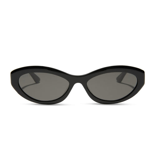 jessie james decker x diff eyewear featuring the dolce bella oval sunglasses with a black frame and grey lenses front view