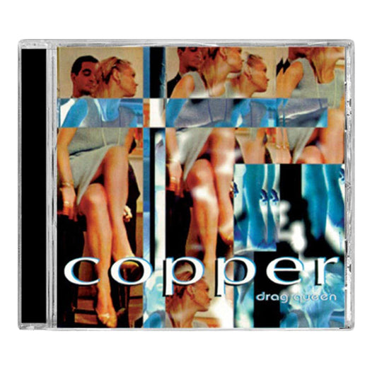 CD cover for the Drag Queen album by Copper, Buffalo emo band, featuring a mirrored collage of a woman in a gray dress, with the brand name and album title in bold white text.