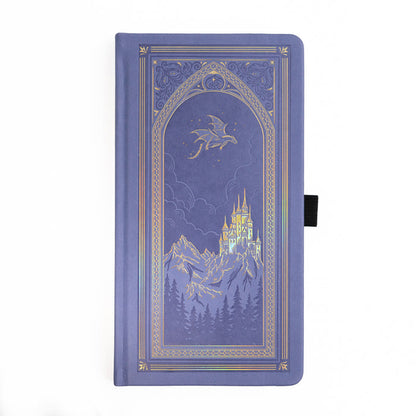 Decorative notebook with castle and dragon design on a white background