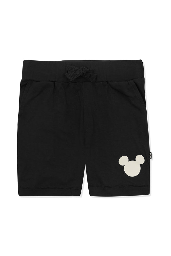 Drawstring short with mickey mouse icon in white on a black background