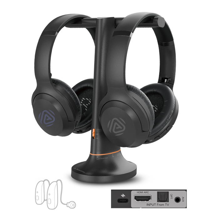 Duet Aura Auracast Dual Wireless TV Headphones with HDMI ARC, Optical, and AUX support for personal, shared, and hearing aid listening.