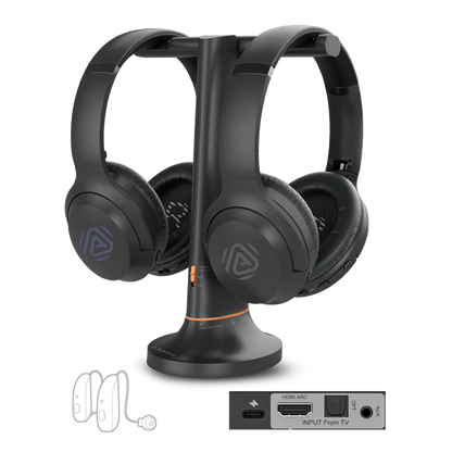 Duet Aura Auracast Dual Wireless TV Headphones with HDMI ARC, Optical, and AUX support for personal, shared, and hearing aid listening.