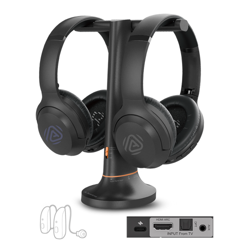 Duet Aura Auracast Dual Wireless TV Headphones with HDMI ARC, Optical, and AUX support for personal, shared, and hearing aid listening.