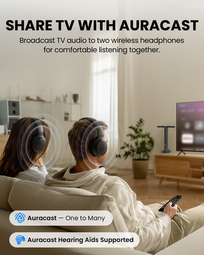 Duet Aura Auracast Dual Wireless TV Headphones for shared listening, supports multiple Auracast headphones and compatible Auracast hearing aids.