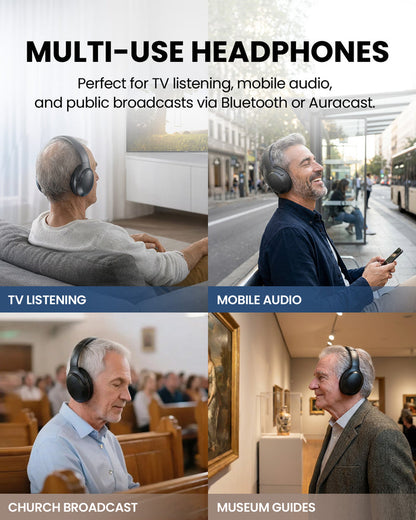 Duet Aura Auracast Dual Wireless TV Headphones, multi-use with Bluetooth for phones, tablets, and Auracast broadcasts for churches, museums, and guided tours.
