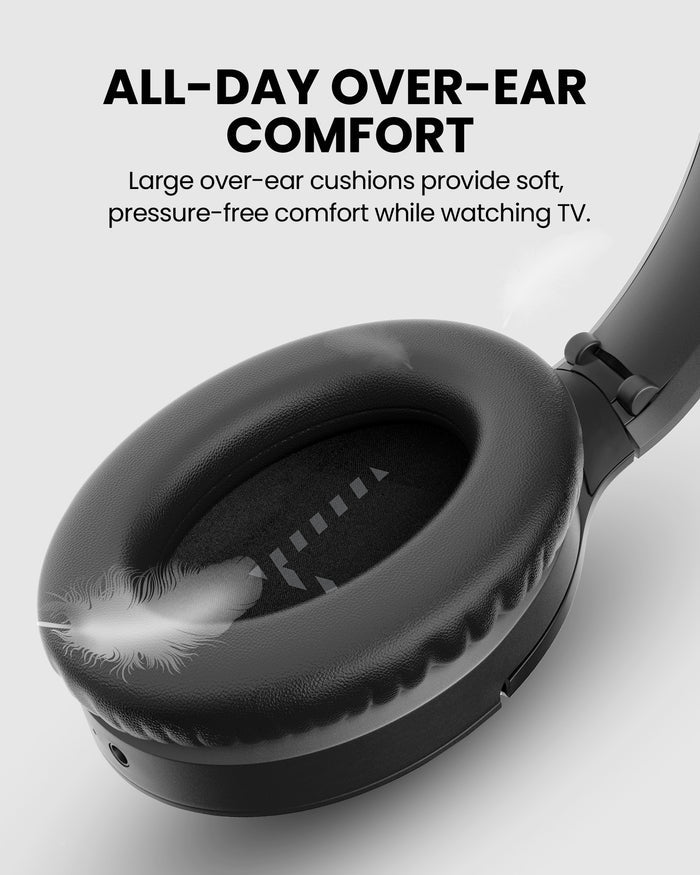 Duet Aura Auracast Dual Wireless TV Headphones, featuring soft larger over-ear cushions for all-day comfort.