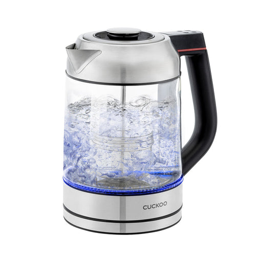CUCKOO electric glass kettle with stainless steel base and handle, showing water boiling with blue LED light indicator. (CK-G170BS)