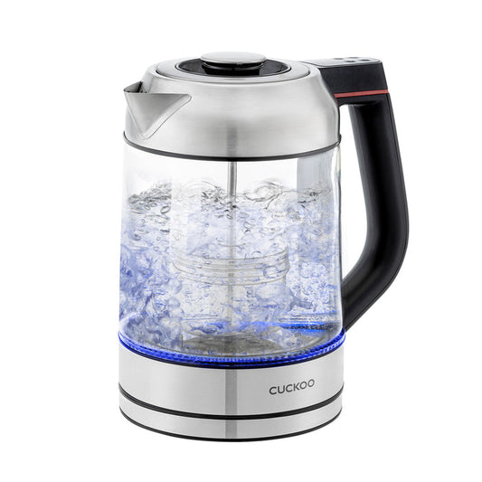 CUCKOO electric glass kettle with stainless steel base and handle, showing water boiling with blue LED light indicator. (CK-G170BS)