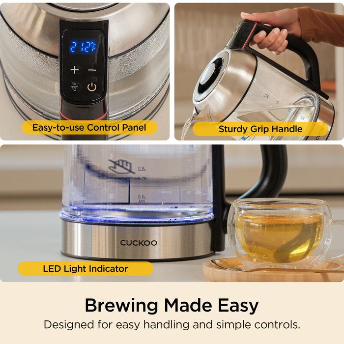 Brewing Made Easy: CUCKOO electric kettle featuring an easy-to-use control panel, sturdy grip handle, and LED indicator. (CK-G170BS)