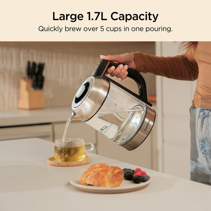 Large 1.7L Capacity: CUCKOO electric glass kettle pouring hot water into a cup, indicating quickly brew over 5 cups. (CK-G170BS)