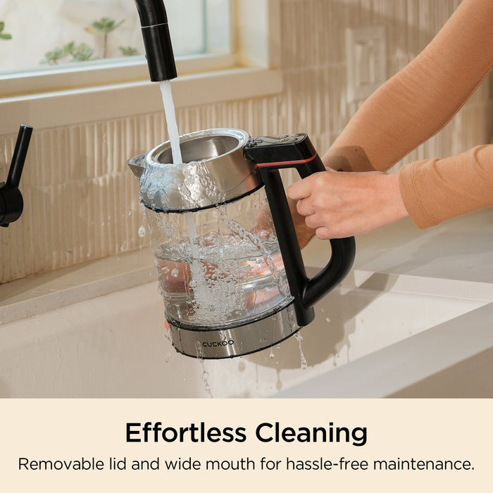 Effortless Cleaning: CUCKOO electric glass kettle features a removable lid and wide mouth design for hassle-free maintenance. (CK-G170BS)