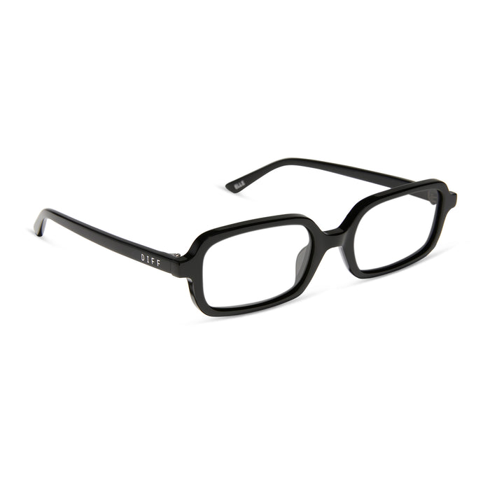 aspyn ovard x diff eyewear featuring the elle rectangle prescription glasses with a black frame angled view
