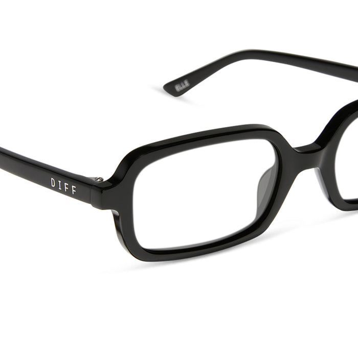 aspyn ovard x diff eyewear featuring the elle rectangle prescription glasses with a black frame detailed view