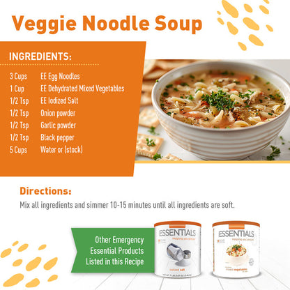 Veggie noodle soup recipe card with ingredients and directions