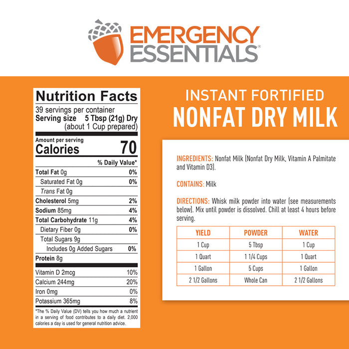 Emergency Essentials® Fortified Instant Nonfat Dry Milk Large (29 Ounces) #10 Can
