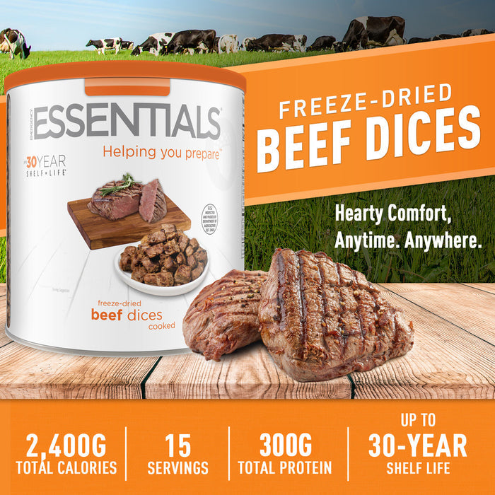 Freeze-Dried Beef Dices product specifications: calories, servings, protein, and shelf life