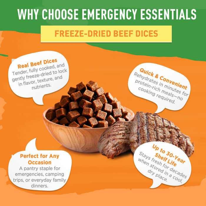 Benefits of Emergency Essentials Freeze-Dried Beef Dices: real beef, quick and convenient, up to 30-year shelf life.