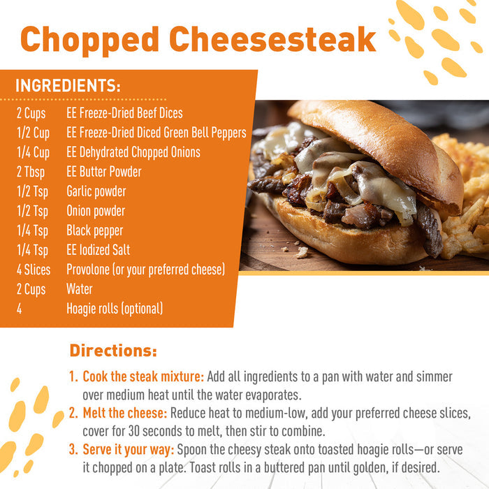 Chopped Cheesesteak recipe using Emergency Essentials Freeze-Dried Beef Dices.