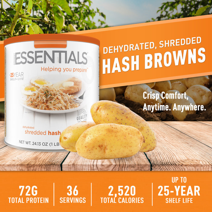 Can of dehydrated shredded hash browns with potatoes