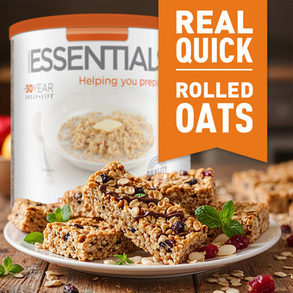 Plate of granola bars with a container of Emergency Essential Quick Rolled Oats