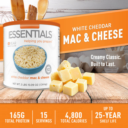White cheddar mac & cheese can next to white cheddar cheese cubes