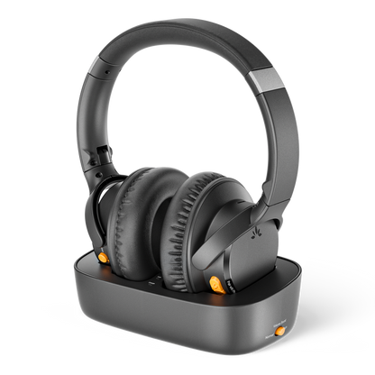 Ensemble Pro Senior-Friendly Wireless TV Headphones for shared bedrooms, supporting multiple headphones connected to the same TV audio simultaneously.
