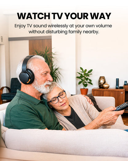 Ensemble Pro  Senior-Friendly Wireless TV Headphones for shared bedrooms, featuring independent volume control on headphone.