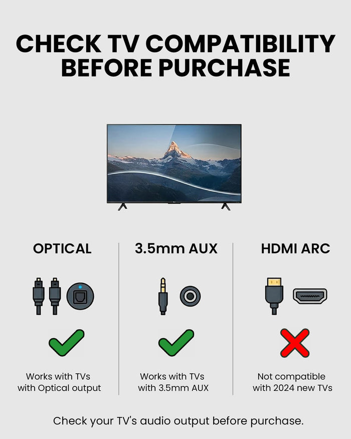 Ensemble Pro Senior-Friendly Wireless TV Headphones for shared bedrooms, featuring optical and AUX outputs, not compatible with TV HDMI ports.