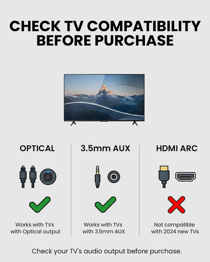Ensemble Pro Senior-Friendly Wireless TV Headphones for shared bedrooms, featuring optical and AUX outputs, not compatible with TV HDMI ports.
